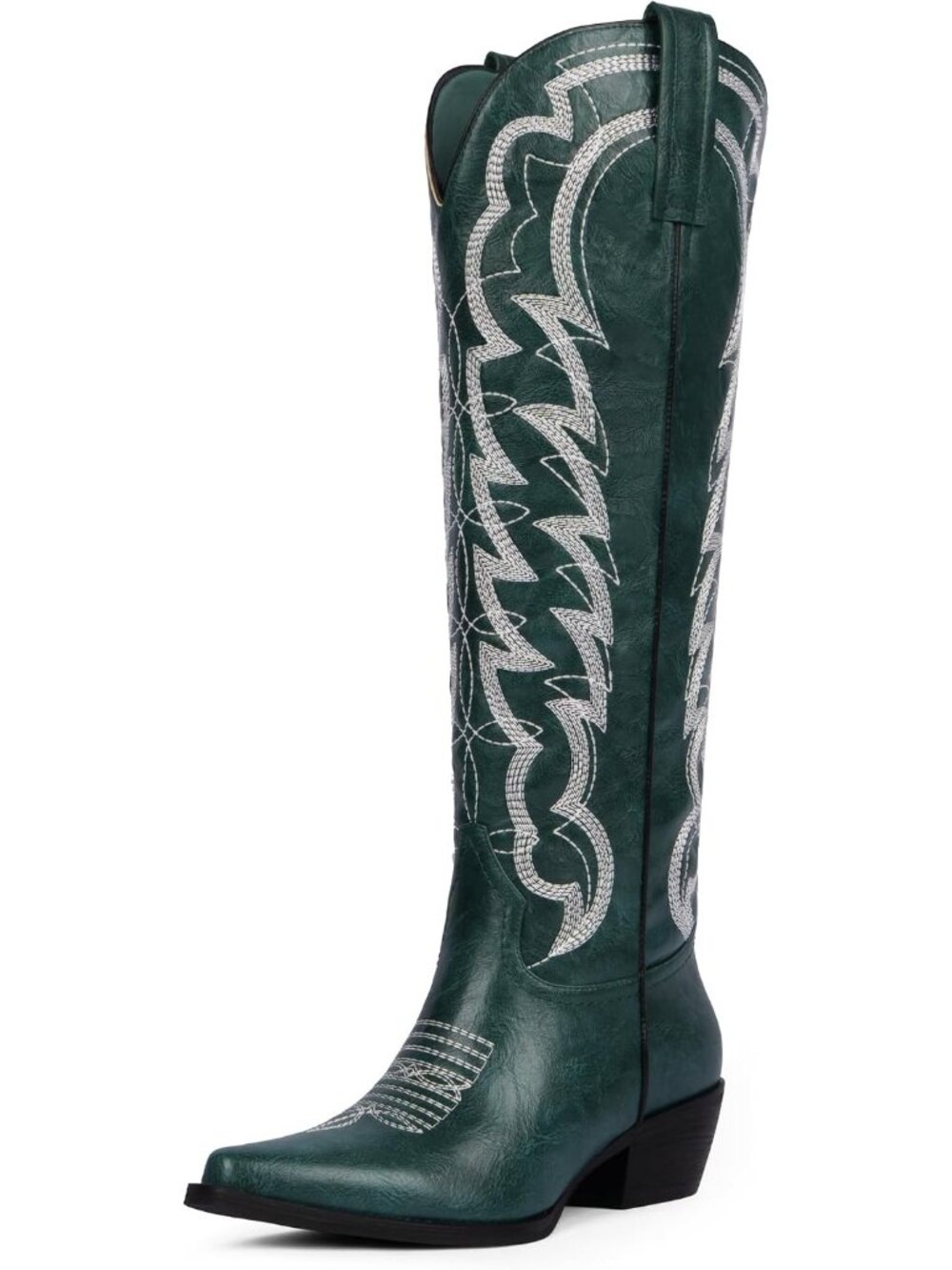 Women's Green Butterfly Wide Calf Pointed Toe Chunky Heeled Knee High Boots